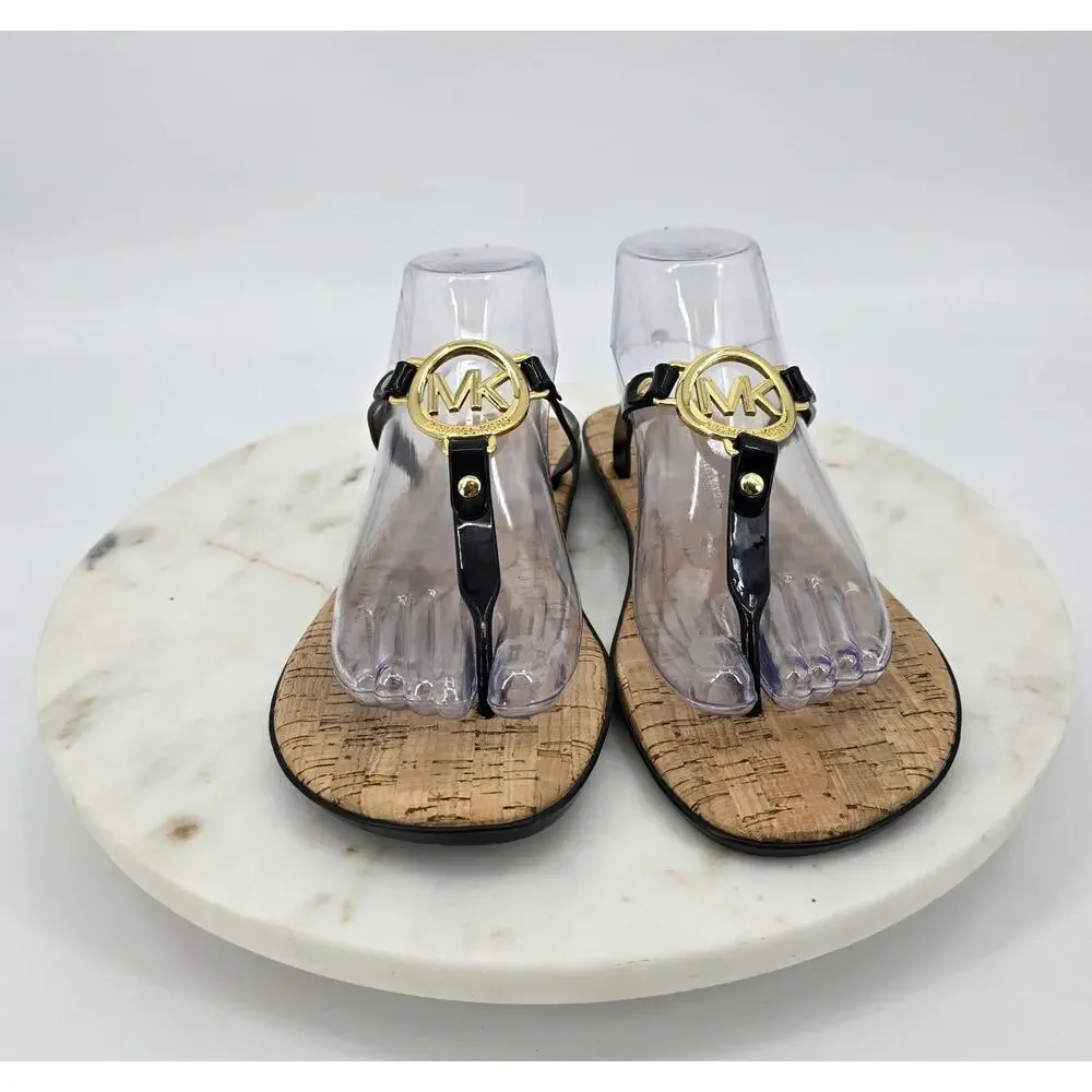 Michael Kors Black‎ Patent Jelly Thong Sandals with Gold Logo